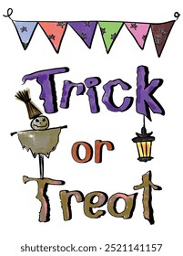 Halloween Spooky Huanted House Tree  Trick or Treat colorful hand drawn fun