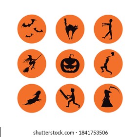 Halloween spooky icon set. Witch, zombie, ghost, bat, black cat. All saints day symbol