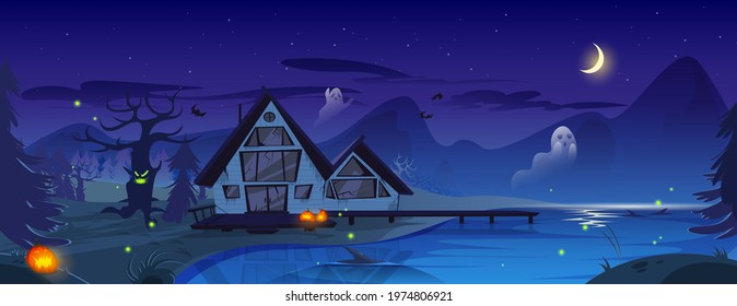 Halloween spooky illustration with old scary house, pumpkins, ghosts and bats. Vector cartoon night landscape with broken haunted cottage, black trees, mountains and lake