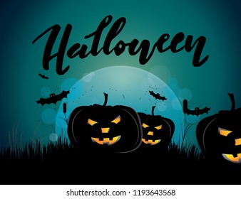 Halloween spooky illustration with pumpkins and bats flying