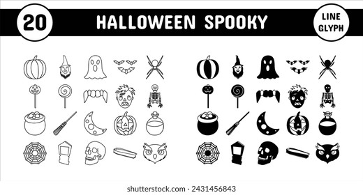 Halloween Spooky Line Glyph Vector Ilustración Icono Pegatina Set Diseño Materiales