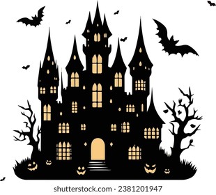 Halloween spooky mansion silhouette illustration