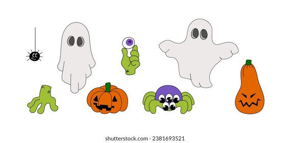 Halloween spooky monsters collection. Cute ghost, zombie, spider, pumpkin groovy characters.  Hand drawn objects for stickers, poster, web banner, postcard, design print. Vector