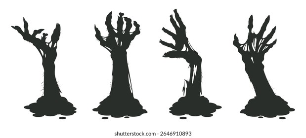 Halloween spooky monsters hands. Zombie arms sticking out of ground, bony zombie hands silhouettes flat vector illustration set. Living dead characters crawl out of graves