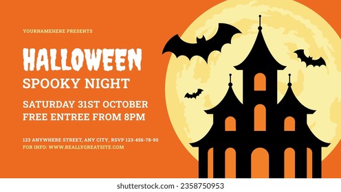 Halloween spooky night advertising banner with gothic castle design template vector flat illustration. Autumn traditional holiday promo with horror medieval ghost glowing palace flying bat yellow moon