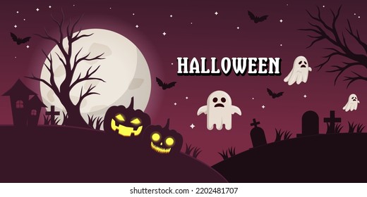 halloween spooky night background illustration with pumpkin, tombstone, ghost, and bats