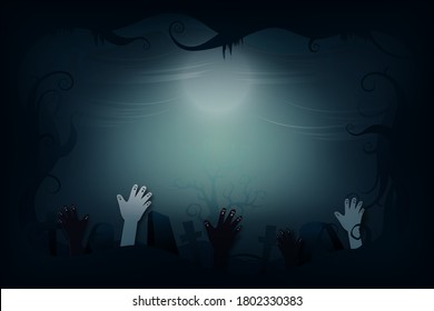 Halloween spooky night background paper art style.Zombie hand rising from graveyard.Vector illustration.