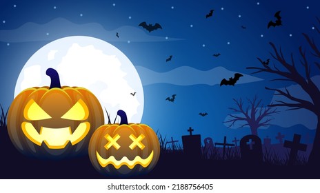 Halloween spooky night background vector. Halloween illustration with pumpkins, bats, tombstones with full moon. Party banner design