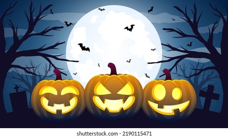 Halloween spooky night background vector. Halloween illustration with pumpkins, bats with full moon. Party banner design
