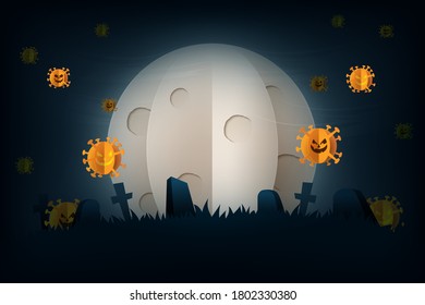 Halloween spooky night in COVID-19 prevention,Coronavirus background paper art style.Full moon and tombstone on graveyard.Vector illustration.