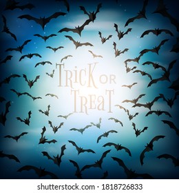 Halloween spooky night with flying bats background paper cut style.Trick or treat vector illustration.