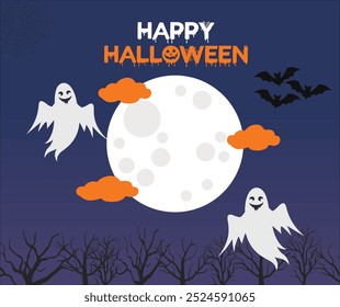 Halloween spooky night with ghost and flying bats with moon, Vector Illustration