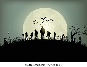 Halloween spooky night poster, Silhouette of zombies walking, Vector Illustration