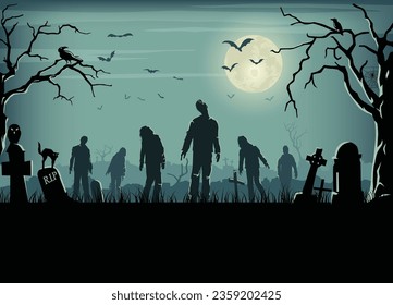 Halloween spooky night poster, Silhouette of zombies walking, Vector Illustration