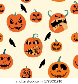 Halloween spooky night seamless pattern with various pumpkins and crows. Jack o lanterns with weird facial expressions.Day of the Dead. Vector party invitation,print for fabric.Scared emotion