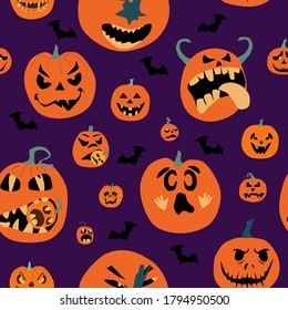 Halloween spooky night seamless pattern with various pumpkins. Jack o lanterns with weird facial expressions eating each other.Day of the Dead. Vector party invitation,print for fabric.Scared emotion