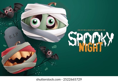 Halloween spooky night vector design. Spooky night party greeting text with cute mummy pumpkin characters, grave stone and bats elements in  blue scary background. Vector illustration horror squash 