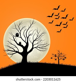 Halloween Spooky Nighttime Scene  Background, Full moonlight Halloween flat illustration
