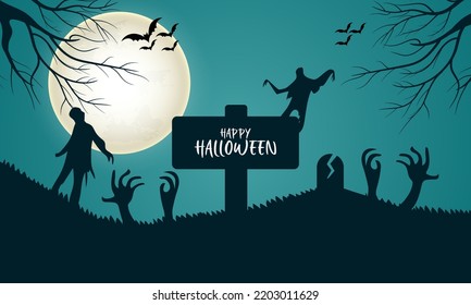 Halloween Spooky Nighttime Scene  Background, Full moonlight Halloween flat illustration