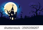 Halloween Spooky Nighttime Scene Horizontal background with bats, full moon, witch castle, evil trees, graves, ghosts. Happy Halloween vector scary design. Halloween banner, party invitation