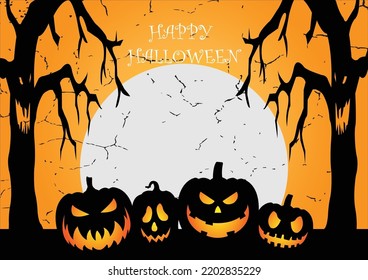 Halloween Spooky Nighttime Scene Horizontal Background, orange halloween banner with pumpkin and bats.