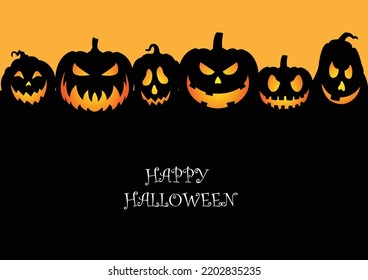 Halloween Spooky Nighttime Scene Horizontal Background, orange halloween banner with pumpkin and bats.