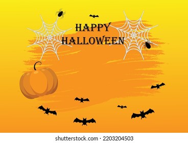 Halloween Spooky Nighttime Scene Horizontal Background, orange halloween banner with pumpkin and flying bats, spiders, holographic abstract colorful background. 