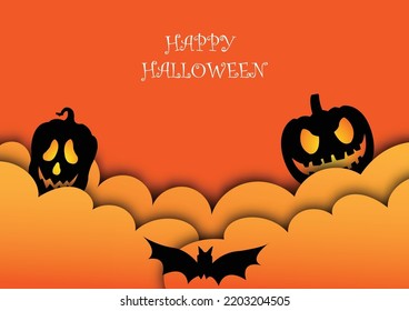 Halloween Spooky Nighttime Scene Horizontal Background, orange halloween banner with pumpkin and flying bats, spiders, holographic abstract colorful background. 
