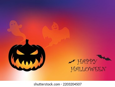 Halloween Spooky Nighttime Scene Horizontal Background, orange halloween banner with pumpkin and flying bats, spiders, holographic abstract colorful background. 