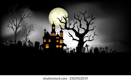 Halloween Spooky Nighttime Scene Horizontal Background.