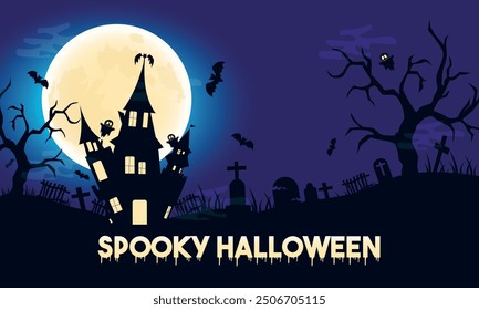 Halloween Spooky Nighttime Scene Horizontal background with bats, full moon, witch castle, evil trees, graves, ghosts. Happy Halloween vector scary design. Halloween banner, party invitation