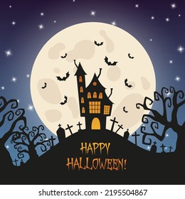 Halloween spooky old haunted house with a big moon and bats on the night sky background. Silhouettes vector illustration for holiday web and print designs