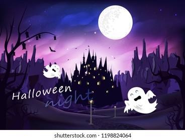 Halloween, spooky on the road with castle, fantasy miracle silhouette night scene poster, mountains landscape abstract background vector illustration