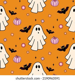 Halloween spooky orange seamless pattern background with ghosts and bats
