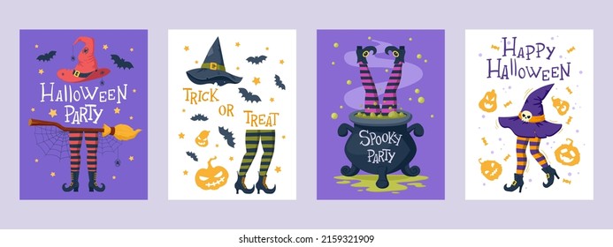 Halloween spooky party cards with witch legs and hats. Cartoon witch stockings legs, broom and witchcraft cauldron vector background illustrations. Halloween party posters or invitation cards