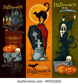 Halloween spooky party decoration banners with halloween pumpkin, dark night graveyard, skeleton scythe, vampire coffin, black cat. Horror night party vector placard, poster design