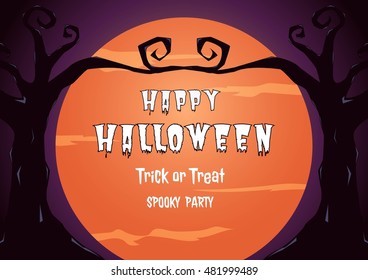 Halloween spooky party with full moon and gnarled tree design background.  Cartoon Vector Illustration.