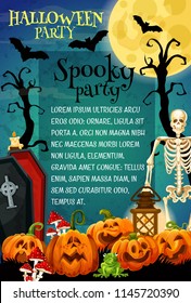 Halloween spooky party invitation banner for october holiday celebration. Horror cemetery with skeleton, pumpkin lantern and moon, flying bat, skull and coffin for monster party promo poster design