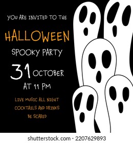 Halloween spooky party invitation banner or poster with scary ghosts or phantoms silhouettes. Halloween party flyer or invite for holiday celebration on October 31. Vector illustration in flat style.