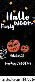 Halloween spooky party invitation with spiders, web and orange scary pumpkins. Funny autumn greeting card with traditional symbols.