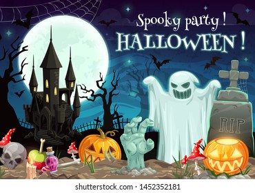 Halloween spooky party on graveyard with castle. Vector scary night with ghost and zombie hand, RIP on gravestone, bats in sky at moonlight. Skull and potion, pumpkins or jack-o-lanterns, fly-agaric