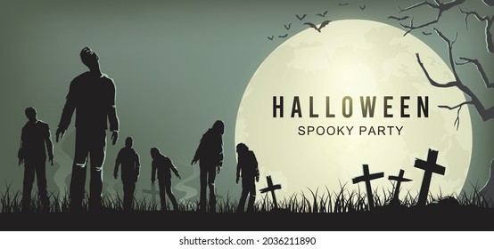 Halloween spooky party poster, Silhouette of zombies walking, Vector Illustration