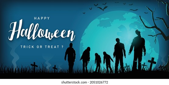 Halloween spooky party poster, Silhouette of zombies walking, Vector Illustration