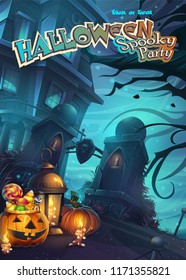 Halloween Spooky Party - vector illustration mobile format screen. Bright background image to create original video or web games, graphic design, screen savers.