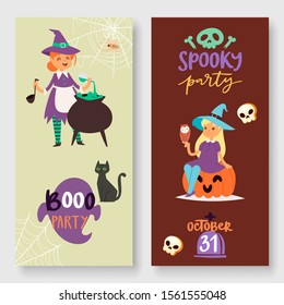 Halloween spooky party vector illustration banners set. Cartoon witch girl, pumpkin, black cat, magic cauldron and spider web. Halloween design for kids invitation and party.