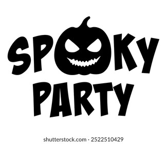 Texto de letras de Vector de fiesta espeluznante de Halloween con una ilustración de silueta de calabaza de risa siniestra. Gráfico Anuncio monocromo. Para invitación de fiesta de Halloween, cartel, decoración, pegatina, manualidades de bricolaje.