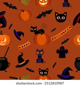 Halloween spooky pattern background, seamless vector illustration. Helloween decorations, witch hat, broom, cats, pumpkins, bats, ghost, witch bowl