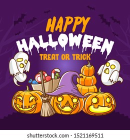 halloween spooky poster, with ghost and jack o lantern in spooky place. big bucket full of candy among the lantern illustration vector