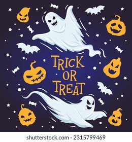 Halloween spooky poster. Scary ghosts holiday card, spooky spirits and phantoms flat vector background illustration