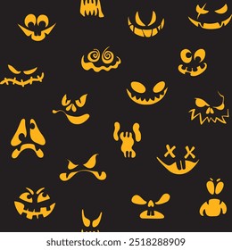 Halloween assustadora abóbora cara padrão sem costura. Jack O Lanterna abóbora esculpidas faces brilhando sobre fundo preto. Vetor feliz Halloween pano de fundo para papel de embrulho, cartão, banner, têxtil, decoração. 